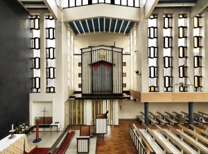 Prints of St Paul, College Square, Harlow, Essex. Interior view of chancel with organ Brutalist Architecture Prints: St Paul Harlow Print: Chancel Interior with Organ