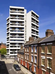 Prints of Keeling House, Claredale Street, Tower Hamlets, London. Designed in 1955 by Sir Denys Lasdun. Built between 1957 and 1959. General view of Keeling House Brutalist Architecture Prints: Keeling House Print, a general view of the post-war building