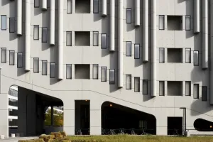 Prints of Roger Stevens Building, Chancellors Square, Leeds University, Leeds, Yorkshire. 1970, by Chamberlin, Powell and Bon. Detail view of west elevation Brutalist Architecture Prints: Roger Stevens Building Print, West Elevation