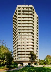 Prints of Point Royal, Rectory Lane, Easthampstead, Bracknell, Berkshire. General view of tower block built 1961-64, Listed Grade II (NHLE 1390361). Designed by Philip Dowson and Derek Sugden of Arup Associates Berkshire Prints: Point Royal Print, a Grade II listed tower block in Bracknell