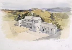 Kirkham Priory Print: Low-level bird's-eye view of Priors Hall and Infirmary Hall