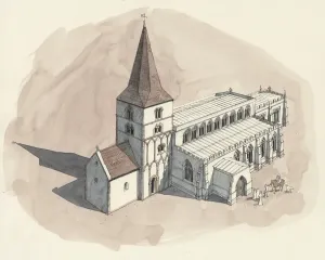 Religious Prints: Aerial View Reconstruction Print of 15th Century St Peter's Church