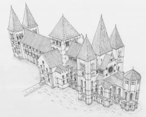 Religious Prints: Historic England Print: York Minster Reconstruction circa 1170