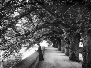 Prints of Wells, Somerset. A woman leaning against the low stone wall on the west side of the moat around the Bishops Palace, holding a posy of flowers in her hand Then and Now England - Historic Change Over Time: Print of a woman holding flowers against the Bishops Palace wall