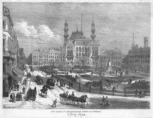 Prints of MAYSON BEETON COLLECTION. New Garden in Leicester Square, Opened on Thursday 2 July 1874, London. Woodcut Victoriana Prints: Leicester Square Print, Woodcut of New Garden