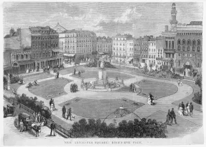 Prints of MAYSON BEETON COLLECTION. New Leicester Square: Birds Eye View, London. Woodcut, 1874 Victoriana Prints: Leicester Square Print, 1874 Woodcut Birds Eye View