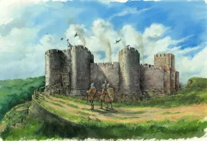 Prints of Alton Castle, Staffordshire. Reconstruction drawing, by Peter Dunn, showing soldiers and archers approaching the thirteenth century gatehouse Staffordshire Prints: Alton Castle Print IC183_001: Thirteenth Century Gatehouse Reconstruction