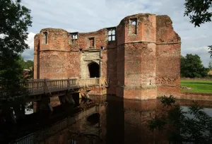 Prints of KIRBY MUXLOE CASTLE, Leicestershire. View of the Gatehouse and approach bridge Castle Prints: Kirby Muxloe Castle Print: Gatehouse and Approach Bridge