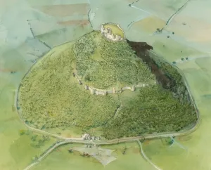 Prints of BEESTON CASTLE, Cheshire. Present day reconstruction drawing. Aerial view from the east by Judith Dobie, English Heritage Graphics Team Aerial View Prints: Beeston Castle Print: Aerial View from the East