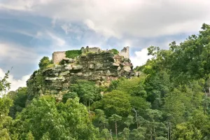 Prints of BEESTON CASTLE, Cheshire. View across trees up to the castle on the crag Castle Prints: Beeston Castle Print: View from Trees to Crag