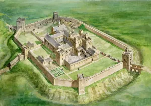 Prints of SHERBORNE OLD CASTLE, Dorset. The castle as it may have appeared in the mid-fourteenth century under the ownership of Robert Wyvil, Bishop of Salisbury Castle Prints: Sherborne Old Castle Print: A 14th-century Reconstruction