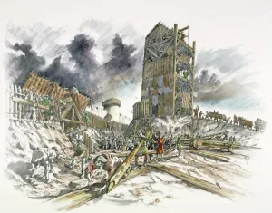 Prints of DOVER CASTLE, Kent. The siege of 1216. Reconstruction drawing by Peter Dunn, English Heritage Graphics Team, of a French siege tower and earth works Kent Prints: Dover Castle Siege Print: French Siege Tower and Earthworks