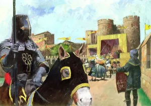 Prints of KENILWORTH CASTLE, Warwickshire. Reconstruction drawing by Ivan Lapper of a knight on horseback at a jousting tournament with the castle in the distance Warwickshire Prints: Kenilworth Castle Print: Jousting Knight
