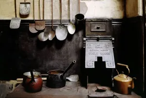 Prints of BRODSWORTH HALL, South Yorkshire. Interior of Kitchen. Detail showing utensils South Yorkshire Prints: Brodsworth Hall Kitchen Utensils Print