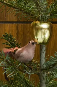 Prints of ELTHAM PALACE, London. Detail of decorations on the Christmas tree - a golden apple bauble and a colourful bird Palace Prints: Christmas Tree Decorations Print DP020195