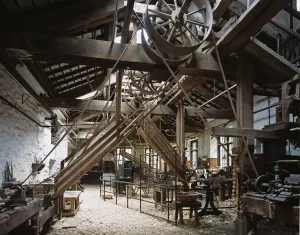 Prints of STOTT PARK BOBBIN MILL, Finthswaite, Lakeside, Cumbria. Interior view of the main lathe workshop Victoriana Prints: Stott Park Bobbin Mill Print: Interior Lathe Workshop View