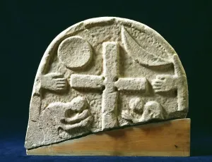 Prints of LINDISFARNE PRIORY, Holy Island, Northumberland. The reverse of a 9th century Viking grave marker. Possibly referring to the Day of Judgement, Domesday Northumberland Prints: 9th Century Viking Grave Marker Print