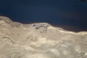 Prints of A ruined building revealed by low water levels at Ladybower Reservoir, Derbyshire, 2022 England from the Air - Landscapes, Cities and Heritage: Ladybower Reservoir Print - Ruined Building Revealed