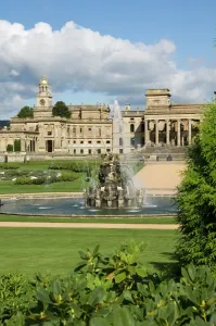 Prints of WITLEY COURT AND GARDENS, Worcestershire. The house, fountain and gardens with flowerbeds and water spouts Worcestershire Prints: Witley Court and Gardens Print, Formal Gardens