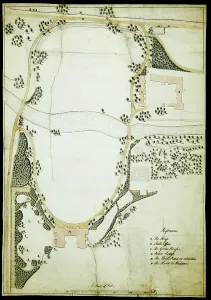 Prints of AUDLEY END, SAFFRON WALDEN, ESSEX Colour-tinted landscape design plan of the Audley End estate in the 1770s, by Lancelot Capability Brown c. 1770 - 1780 Scale uncertain Essex Prints: Capability Brown Print: Audley End Estate Plan