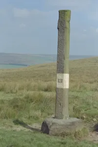 Prints of Wayside cross in an isolated position on wild moorland overlooking Gorple Lower Reservoir, West Yorkshire. IoE 423310 West Yorkshire Prints: Reaps Cross Wayside Print, West Yorkshire Moorland Landscape