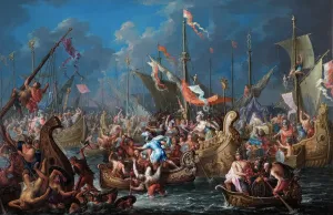 Prints of APSLEY HOUSE, London. Anthony and Cleopatra at the Battle of Actium by Johann Georg PLATZER (1704-61). WM 1496-1948 Battle Prints: Platzer's Anthony and Cleopatra Battle of Actium Print