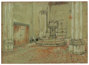 Drawing Prints: Print of Holy Trinity Church interior, featuring a medieval font