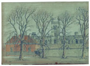 Prints of Winchester College, Winchester, Hampshire. Looking past the School and Cloisters towards the south elevation of the Chapel at Winchester College Hampshire Prints: Winchester College Print, pencil drawing of the Chapel