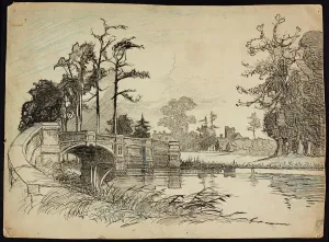 Prints of Cranford Park Bridge, Hillingdon, Greater London. Bridge over the River Crane, with St Dunstans Church in the background. Drawn by C G Harper between 1892-1933 Greater London Prints: Cranford Park Bridge Print