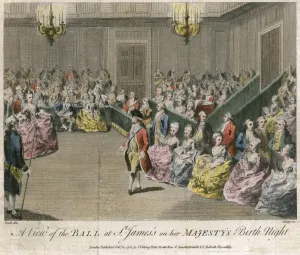 Prints of MAYSON BEETON COLLECTION. St James Palace, London. A view of the Ball at St Jamess on her Majestys birth night. Published 1782. Coloured engraving from the Mayson Beeton Collection Georgian Life Prints: A coloured engraving print of a royal ball scene at St James Palace