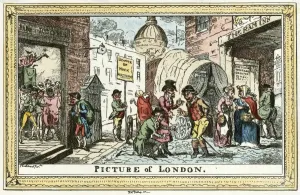 Prints of MAYSON BEETON COLLECTION. Picture of London, 1820 by George Cruikshank. Satirical coloured engraving from the Mayson Beeton Collection Georgian Life Prints: Satirical engraving of London street scene, 1820 print