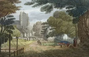 Prints of MAYSON BEETON COLLECTION. Entrance to Hastings, East Sussex (from Old London Road, showing All Saints Church). Anon. c.1790. Colour engraving published by E. Nye, Tunbridge Wells Georgian Life Prints: Entrance to Hastings Print, Colour Engraving, c.1790