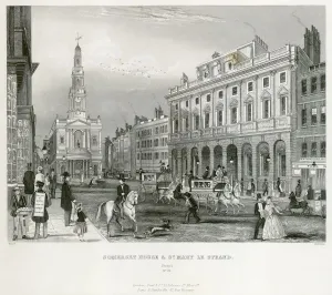 Prints of MAYSON BEETON COLLECTION. Strand, London. Mid-nineteenth century. Showing Somerset House and St Mary le Bow. Engraving from the Mayson Beeton Collection Somerset Prints: Print of the Strand, London in Mid-19th Century