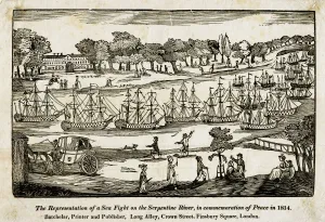 Prints of MAYSON BEETON COLLECTION. Woodcut. Hyde Park, London. The Representation of a Seafight on the Serpentine River, in commemoration of Peace in 1814 Georgian Life Prints: Woodcut Print of a Seafight on the Serpentine River