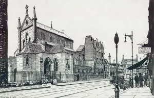Prints of Most Holy Trinity Church, Bermondsey, London. Pen and ink sketch, by Peter Anson, of the exterior from the street with people and tram. 1939 Transport Prints: Most Holy Trinity Church Print, Bermondsey Street Scene