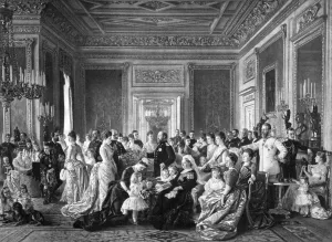 The Victorian Age Prints: Queen Victoria Print: Engraving of the Monarch with Family and Relatives
