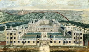 Prints of AUDLEY END HOUSE, Saffron Walden, Essex. Gouache painting of the West front by an unknown artist showing the complete Elizabethan plan for the house Essex Prints: Audley End House Print: Gouache painting of the West front