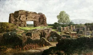 Prints of WROXETER ROMAN CITY, Shropshire. Painting of Unknown Monument'. Artist unknown. (Appears to be Wroxeter Roman City) Monuments And Memorial Prints: Wroxeter Roman City Print