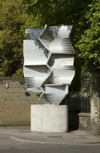 Prints of Department of Engineering, Cambridge University, Trumpington Street, Cambridge. Construction in Aluminium sculpture by Kenneth Martin. View from east. Photographed by Patricia Payne, 2015 Sculpture Prints: Print of Construction in Aluminium sculpture