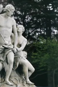 Prints of WREST PARK HOUSE AND GARDENS, Bedfordshire. Venus and Adonis statue, late 18th century, by John Cheere Sculpture Prints: Print of Venus and Adonis statue at Wrest Park