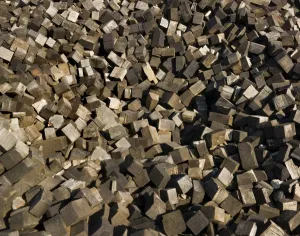 Prints of View of discarded wooden blocks, probably used on the floor of the old Swindon Railway Works Railways – Tracks, Stations and Steam Transport: Wooden Blocks Print, Discarded on Railway Floor