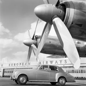 Prints of HEATHROW AIRPORT, B E A Aircraft Hangar, London Sight Prints: Bentley Car and Aircraft Propellers Print