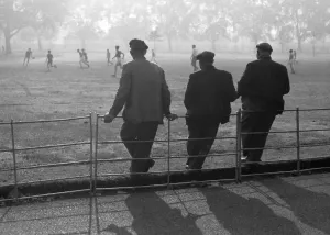 Prints of VICTORIA PARK, London. Spectators watching a football match in 1961. Laurence Goldman Sport Prints: Victoria Park Football Match Print 1961