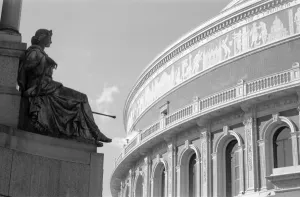 Victorian Architecture - Buildings, Streets and Landmarks: Print of The Royal Albert Hall, featuring a decorative frieze and statue