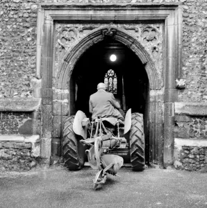 15th Century Church Print, Tractor in West Tower Doorway