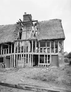 Prints of Church Farmhouse, St Nicholas South Elmham, Suffolk. This early 16th-century house has been stripped back prior to a full restoration House And Home Prints: Print of a partially restored 16th-century timber-framed house in Suffolk