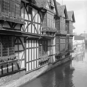 Prints of THE WEAVERS, Canterbury, Kent. These timber-framed buildings on Kings Bridge were adapted in the 17th century for the looms of the Walloon weavers. The river was needed for finishing cloth Country Prints: Print of The Weavers, Canterbury: Timber-framed buildings on Kings Bridge