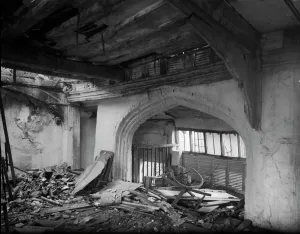 Print of The Great Hall, Norwich interior showing bomb damage in 1942