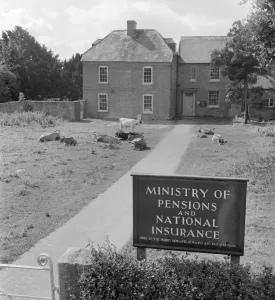 Prints of A Georgian house with cows on the front lawn probably in Herefordshire, occupied by the Ministry of Pensions and National Insurance. Photographed by John Gay between 1945 - 1955 Herefordshire Prints: A Georgian house with cows on the lawn, print