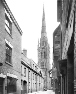 Prints of COVENTRY CATHEDRAL, West Midlands. A view of the Cathedral taken from Pepper Lane. The Cathedral church is named for St Michael West Midlands Prints: Coventry Cathedral Print, a view from Pepper Lane